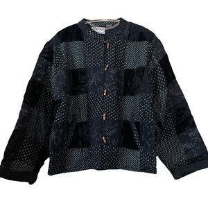 Silver Stream Patchwork Velvet Floral Wood Toggle Jacket Navy Blue-Black Size OS